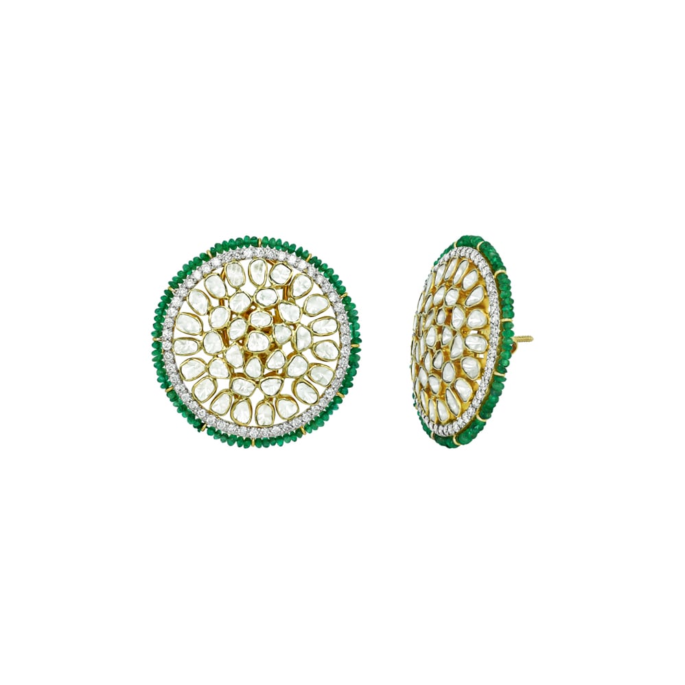 Radial Polki Studs with Diamond Halo and Emerald Bead Edge